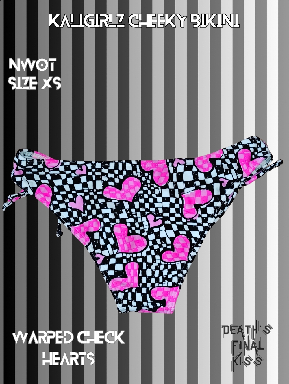 Kaligirlz Pink Black White Warped Check Hearts Side Tie Cheeky Bikini XS Punk